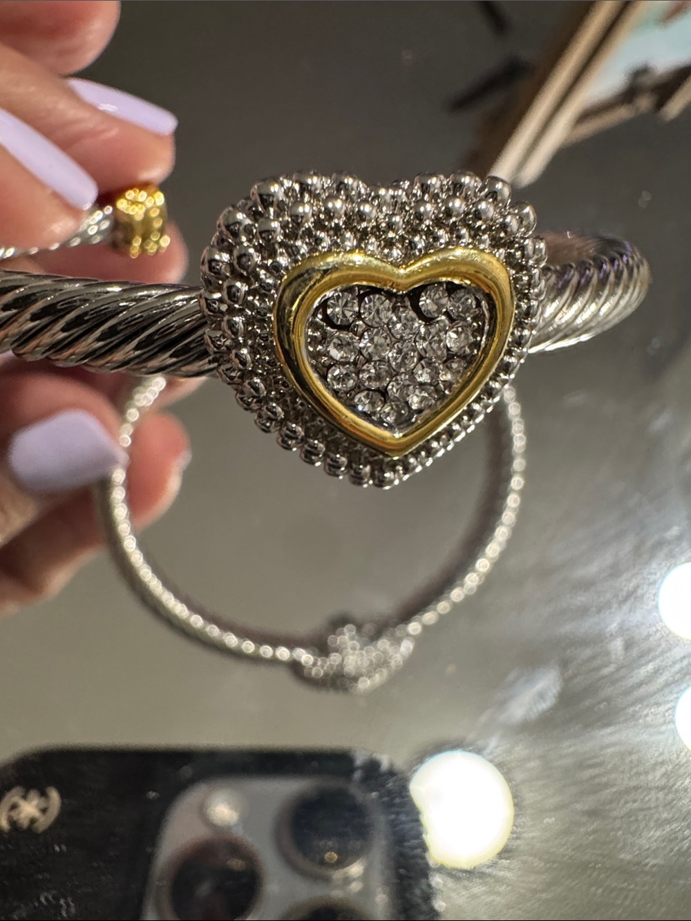 Silver and Gold Heart Crystal Cable Bangle Bracelet